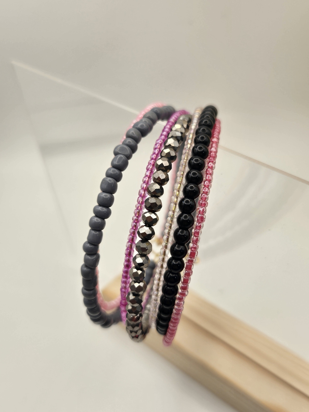 Pink & Black Beaded Stack Bracelet Set